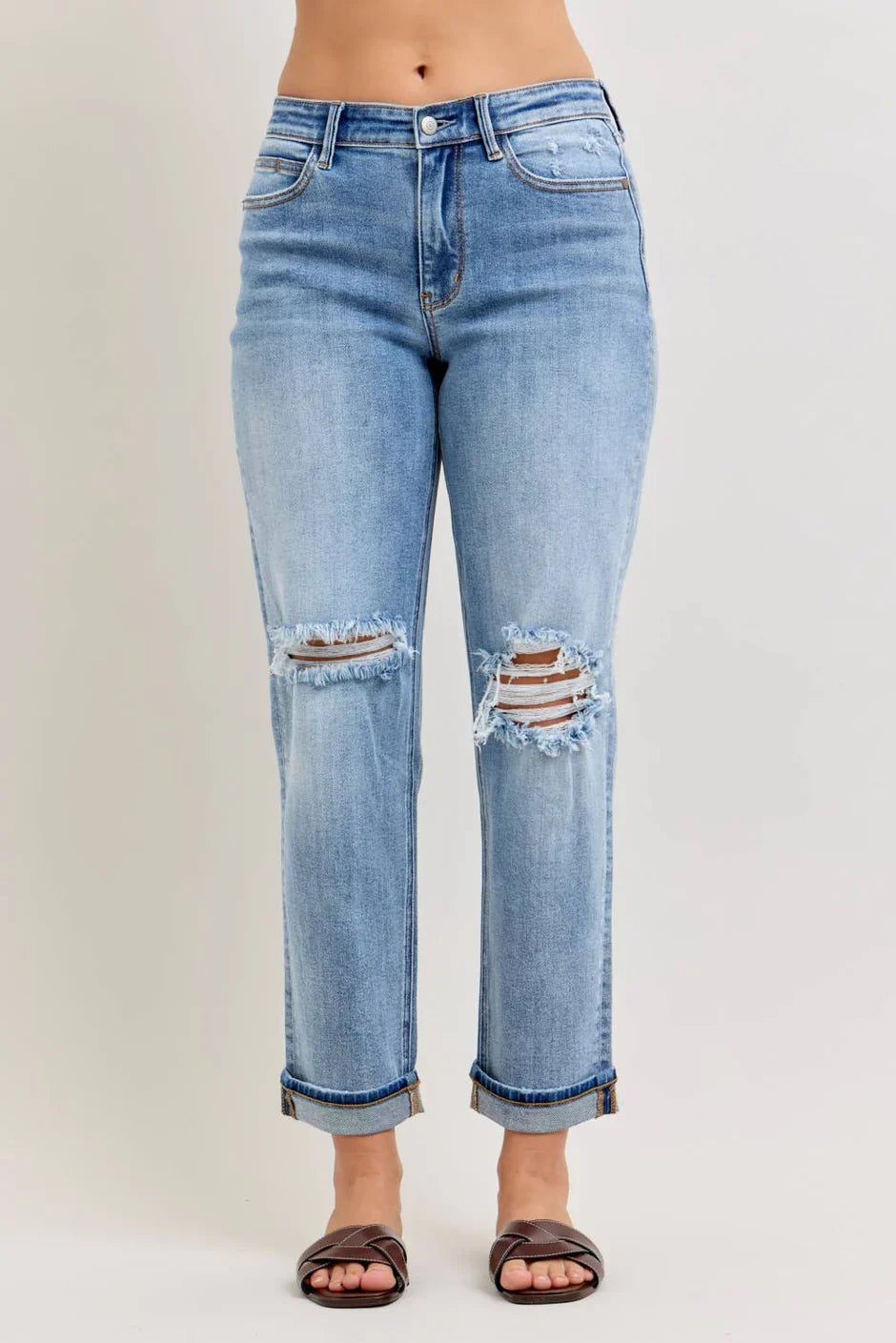 Judy Blue Elaine Mid Rise Boyfriend with Distress & Cuff