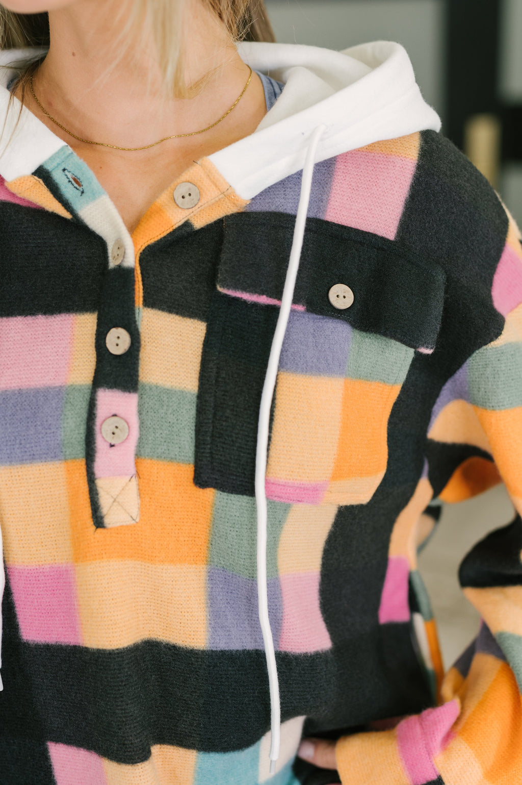 Perfectly Plaid Hooded Henley Top